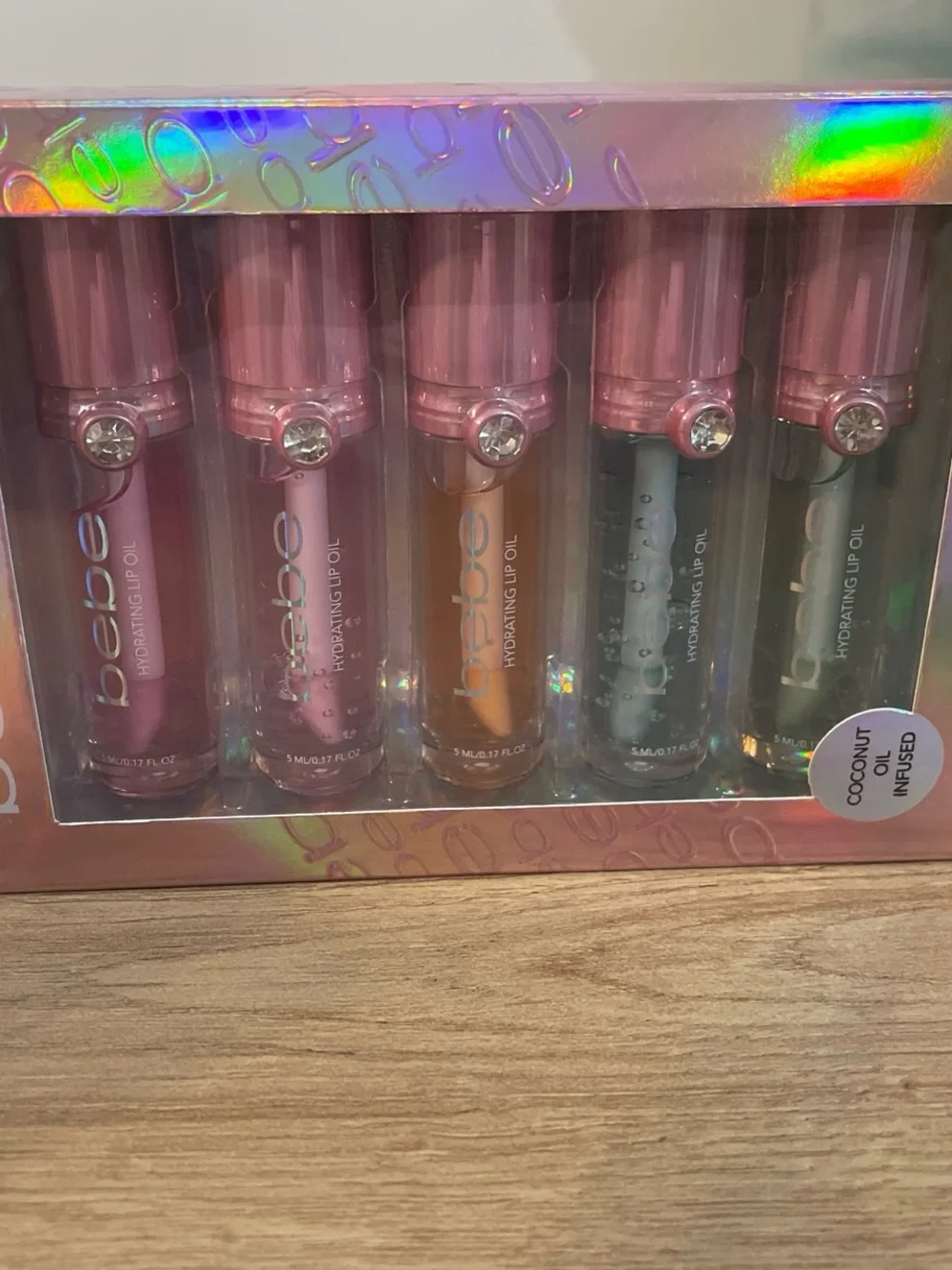 bebe 5-Piece Hydrating Lip Oil Set — Pink, Purple, Peach, Teal, Clear